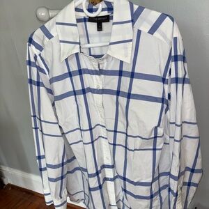 Lane Bryant 22. White and Blue Windowpane Button-Down Shirt